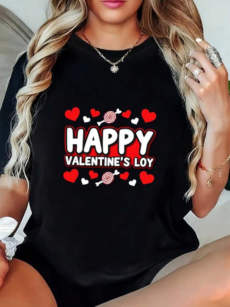 Camiseta negra uni de manga corta y cuello redondo con estampado gráfico de Feliz Día de San Valentín, transpirable, cómoda y económicara hombre, con textura, 100% festival, ligera elasticidad, tela transpirable, camiseta de vacaciones