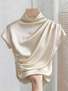 Camiseta blanca de manga corta ajustada con pliegues de unicolor y versátil para mujer - Albaricoque - Ver 6