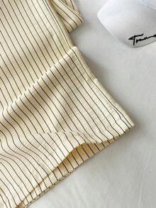 1 pieza Pantalones casuales de mujer a rayas amarillas, tela de burbujas arrugada, cintura súper baja con cordón, pantalones rectos de ajuste relajado, casual y romántico - Amarillo mantequilla - Ver 3