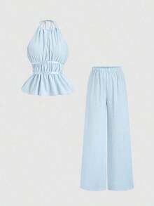 Conjunto de 2 piezas estilo francés relajado con camiseta sin mangas de cintura ceñida y pantalón ancho de pierna holgada, un conjunto de moda para mujeres - Azul - Ver 1