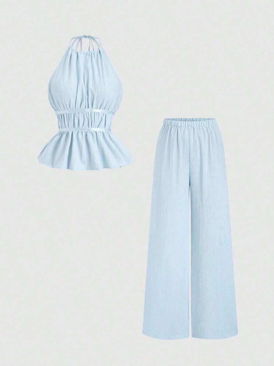 Conjunto de 2 piezas estilo francés relajado con camiseta sin mangas de cintura ceñida y pantalón ancho de pierna holgada, un conjunto de moda para mujeres - Azul - Ver 1