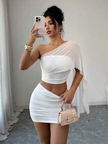 Conjunto de 2 piezas de falda mini ajustado fruncida en la cintura y top corto bandeau, de malla transparente y sexy para el verano - Blanco - Ver 9