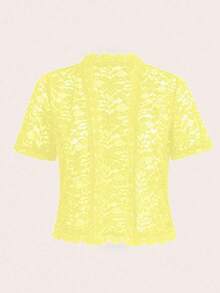 Chaqueta casual de verano para mujer, de unicolor, con parches de encaje en la parte delantera abierta, para ropa de fiesta de vacaciones - Amarillo claro - Ver 1