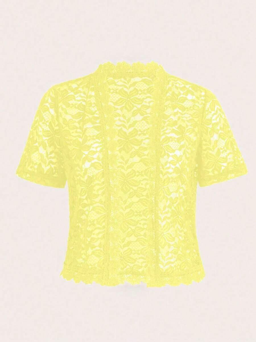 Chaqueta casual de verano para mujer, de unicolor, con parches de encaje en la parte delantera abierta, para ropa de fiesta de vacaciones - Amarillo claro - Ver 1
