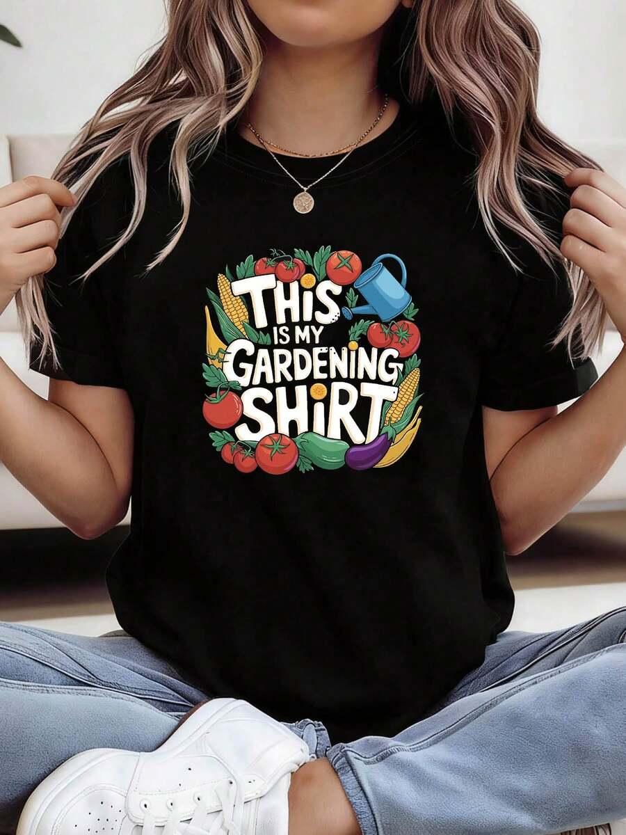Summer Top, Gardening-Themed "THIS IS MY GARDENING SHIRT" Printed Women's Round-Neck Spring-Summer Short-Sleeve T-Shirt, Casual Shopping And Holiday Gift, Suitable For Friends' Gatherings And Vacations, 100% Cotton, - Black - View 1
