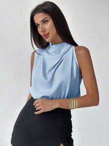Camisa de color albaricoque con detalle asimétrico de volantes elegante para mujer, a la moda para el trayecto al trabajo, la oficina, el uso diario, las vacaciones y los festivales de música, primavera/verano - Azul - Ver 1