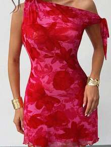 mini de vacaciones elegante y sexy con hombro asimétrico y floral nuevo para mujer en verano, vestido floral de malla, vestido de cuello asimétrico, ropa de primavera/verano, atuendo de playa, elegante, sexy, vacaciones, playa, Hawái, cita - Rosa Fucsia - Ver 7