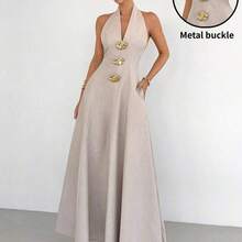 Elegant Women's Halter Neck Maxi Dress With Gold Button Accents Full Length Sleeveless A Line Prom Gown Party Outfit, Summer Solid Color Linen Blend Maxi Dress, Halter Dress, Long Dress, Elegant Maxi Dress, Beige, Formal Dress, Graduation Dresses, Wedding Guest Dress Luxury Long Dress Long Dresses For Women Dresses For Special Occasion,Summer Dresses For Women - Albaricoque - Ver 5