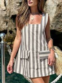 Conjunto de vacaciones para mujer: Vestido mini casual de playa de estilo bohemio con parches a rayas, elegante para el verano - Gris - Ver 6