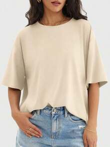 Camiseta holgada para mujer de manga corta y cuello redondo, camisa casual estilo Y2K, básica para deportes de verano - Beis - Ver 2