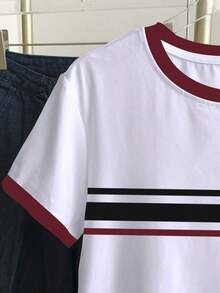 RCamiseta casual de mujer de cuello redondo con estampado gráfico de rayas y bloques de color - Blanco 9 - Ver 4