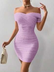 Vestido ajustado para mujer con hombros abiertos, manga corta y adornos con cuentas - Lila Púrpura - Ver 1