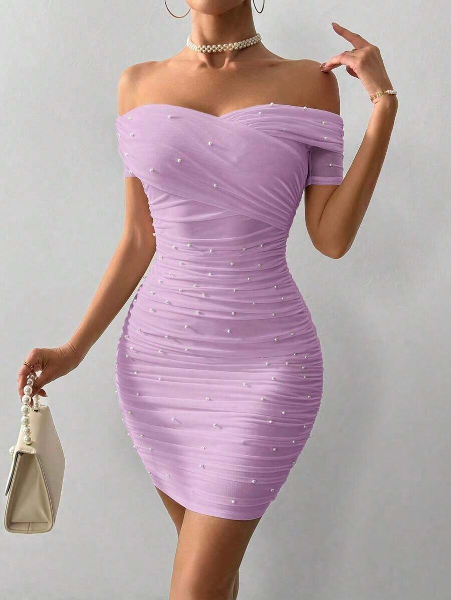 Vestido ajustado para mujer con hombros abiertos, manga corta y adornos con cuentas - Lila Púrpura - Ver 1