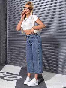 Jeans casuales de cintura alta con bolsillos y pierna ancha - Lavado ligero - Ver 3