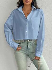 Camisa casual de manga larga con bolsillo, de ajuste suelto y hombros caídos, de unicolor, para primavera/verano, Top de manga larga - Azul - Ver 3