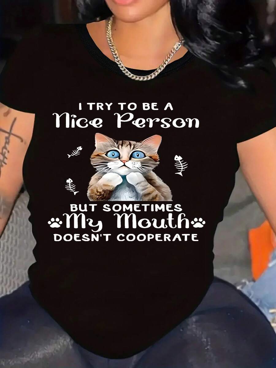 Playera estampada de gato de talla grande, top casual de manga corta y cuello redondo para primavera y verano, ropa de talla grande para Mujer - Negro - Ver 1