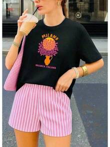 A Short-Sleeved T-Shirt With A Retro American Style, Loose Fit, Print (The Pants Are Just Style Suggestions), Thick Multicolored T-Shirt, 100% Cotton Material, Modern Print, Suitable For Both Men And Women, New Spring/Summer/Autumn Style, Breathable And Comfortable, Simple And Versatile, The Stylish Unisex Tropical Print T-Shirt Is Very Suitable For Holidays, Halloween And Mexican Independence Day Parties. - 黑色 - 查看 8