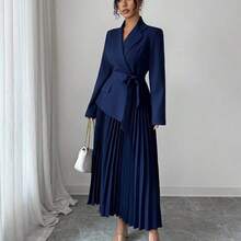 Raffinéa Women's Casual Versatile Commuting Patchwork Blazer Collar Long Sleeve Cinched Waist Pleated Midi Dress, Autumn/Winter Skirt Suits For Woman Blazer Skirt Set - Negro - Ver 5