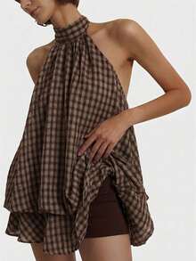 Vestido corto de verano para mujer con cuello halter, espalda descubierta y volantes con estampado de cuadros - Café integral - Ver 7