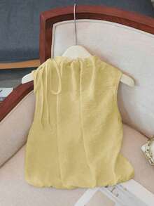 Blusa blanca elegante sin mangas, de cintura elástica, cuello suelto con cordón, de tejido texturizado para mujeres, primavera/verano - Amarillo - Ver 7