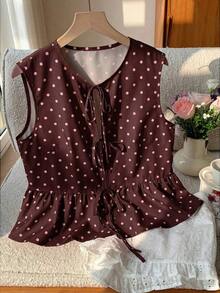 Blusa de rayas y estampado sin mangas para uso diario sencilla, tops sin mangas - Marrón - Ver 6