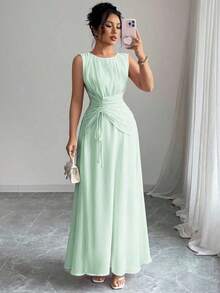 Vestido maxi casual, romántico, vintage y elegante de gasa para mujer con cordón en la cintura, para la playa, el té de la tarde, fiestas de noche, uso diario, sin mangas, de unicolor, vestido largo, primavera/verano - verde menta - Ver 7