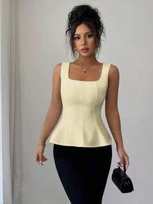Blusa elegante de cuello cuadrado sin mangas para mujer, adecuada para la oficina, el transporte, el té de la tarde, las fiestas, las vacaciones y ocasiones casuales - Amarillo - Ver 6