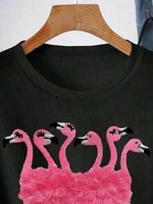 ropa de mujer Camiseta de manga corta con estampado de flamencos para mujer, rosa vibrante y diseño de animales, cuello redondo, top casual para primavera/verano/otoño, lavable a máquina y a mano, camisas de mujer - Multicolor - Ver 4