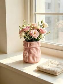 1pc Crumpled Paper Bag Shaped Vase , Cream Aesthetic Flower Pot For Home Desktop Decor, Ins Style Textured Planter For Living Room/Bedroom, Pink & Cream White - Multicolor - View 6