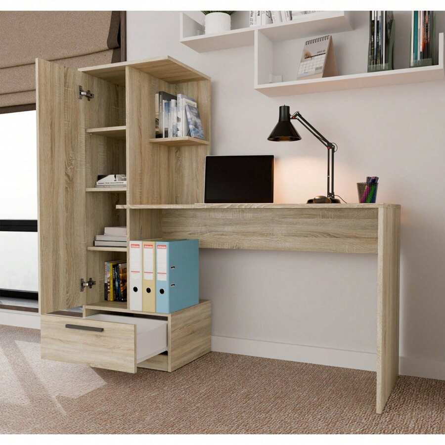 1 Piece All-In-One Desk With Side Storage Unit, With Tall Cabinet, Open Shelves & Bottom Drawer, Spacious Workstation With Ample Storage, Versatile Study & Office Desk, 3 Styles Available For Small Spaces - Study Desk - View 1