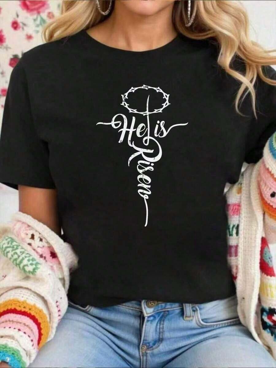 Camisetas Religiosas de Algodón 100% Puro con la Cruz de Jesús "Él Ha Resucitado" para el Día de Pascua, Estilos Cómodos y Acogedores para el Verano, Camisetas Divertidas Estampadas para Mujer, Adecuadas para primavera, verano y otoño. - Negro - Ver 1