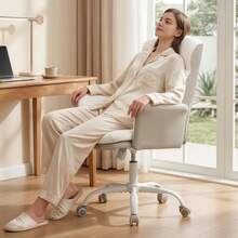 HaluPeit Dressing Table Chair With Backrest, Swivel Chair With Rocking Function, Home Office Chair Made Of Ventilated Sherpa Fabric And PU Leather, Suitable For Bedroom, Office And Living Room, Beige-White - 米白色 - 查看 4