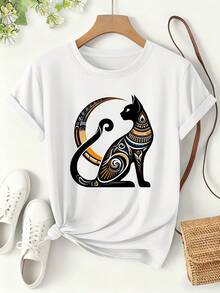 Women's T-Shirt With Cat And Egyptian Totem Print, Spring/Summer 2026, Exotic Short-Sleeved Style, Loose-Fitting Everyday Wear, Mysterious Totem-Themed Design, Fashionable And Versatile, Everyday Wear For Sweet Girls Or Students, Cool And Sweat-Free Summer Clothing, Elegant Party Outfit, T-Shirt For Elegant Ladies, Blouses Suitable For Curvy Women - 白色 - 查看 7