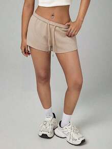 Pantalones cortos casuales sueltos de cintura elástica de unicolor para mujer - Caqui - Ver 6