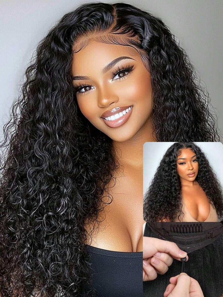 Upgrade V Part Wig Half Wig  Hair Easy To Wear Adjustable Drawstring Deep Wave  Drawstring Seamless Flip Over Curly Half Wig Wear And Go Glueless Half Wigs For Women Effortlessly Create A Glamorous Makeup Look  Natural Color Beginner-Friendly