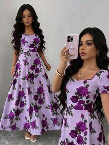YHHSHEIN Elenzya Vestido midi de manga corta con estampado de rosas rojas sobre base blanca, elegante y versátil para uso diario, vacaciones, citas, San Valentín, estilo francés retro, fiestas y primavera temprana/primavera-veranoYHH - Morado - Ver 1