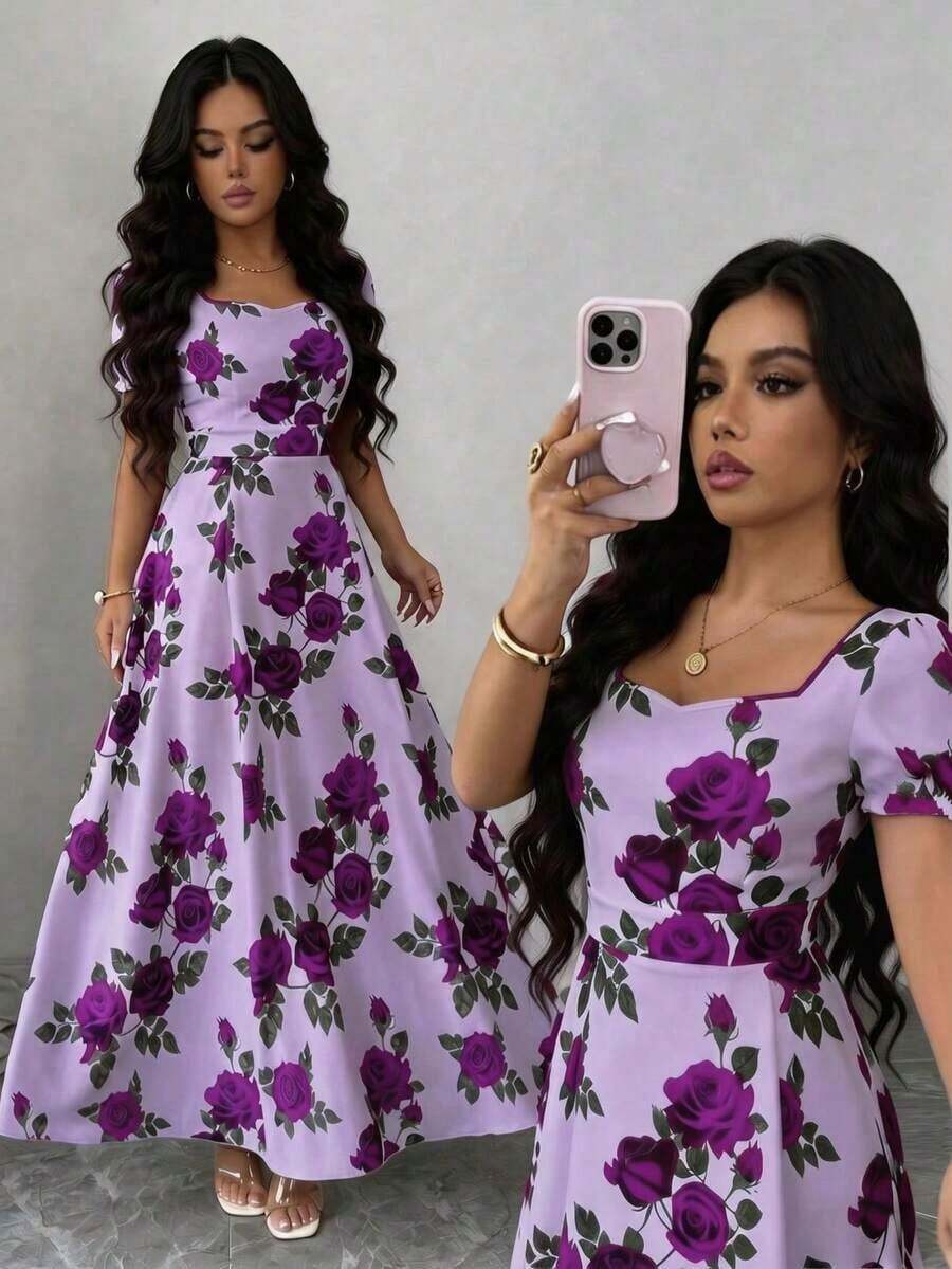 YHHSHEIN Elenzya Vestido midi de manga corta con estampado de rosas rojas sobre base blanca, elegante y versátil para uso diario, vacaciones, citas, San Valentín, estilo francés retro, fiestas y primavera temprana/primavera-veranoYHH - Morado - Ver 1