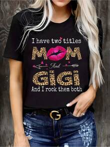 Camiseta de Mujer Talla Grande con Estampado de Leopardo y Glitter "Mommy Gigi" |   "Tengo Dos Títulos: Mamá y Gigi" - Jersey Casual de Manga Corta y Cuello Redondo, Lavable a Máquina, Regalo Perfecto para el Día de la Madre, Uso Diario, Estilo de Texto Audaz - Negro - Ver 7