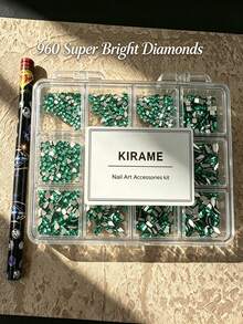 KIRAME 960顆綠色平底水鑽，高品質超亮美甲寶石套組，含1個點花工具，1.5-5mm亮面美甲水晶，適用DIY居家美甲、美甲沙龍、居家美甲藝術、美甲用品、美甲配件，適合夏季與旅行美甲，節日禮物 - 綠色 - 查看 6