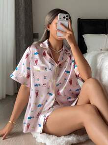 2件套夏季海洋图案翻领短袖上衣和短裤女士睡衣套装，航海风，度假风 - 粉色 - 查看 4