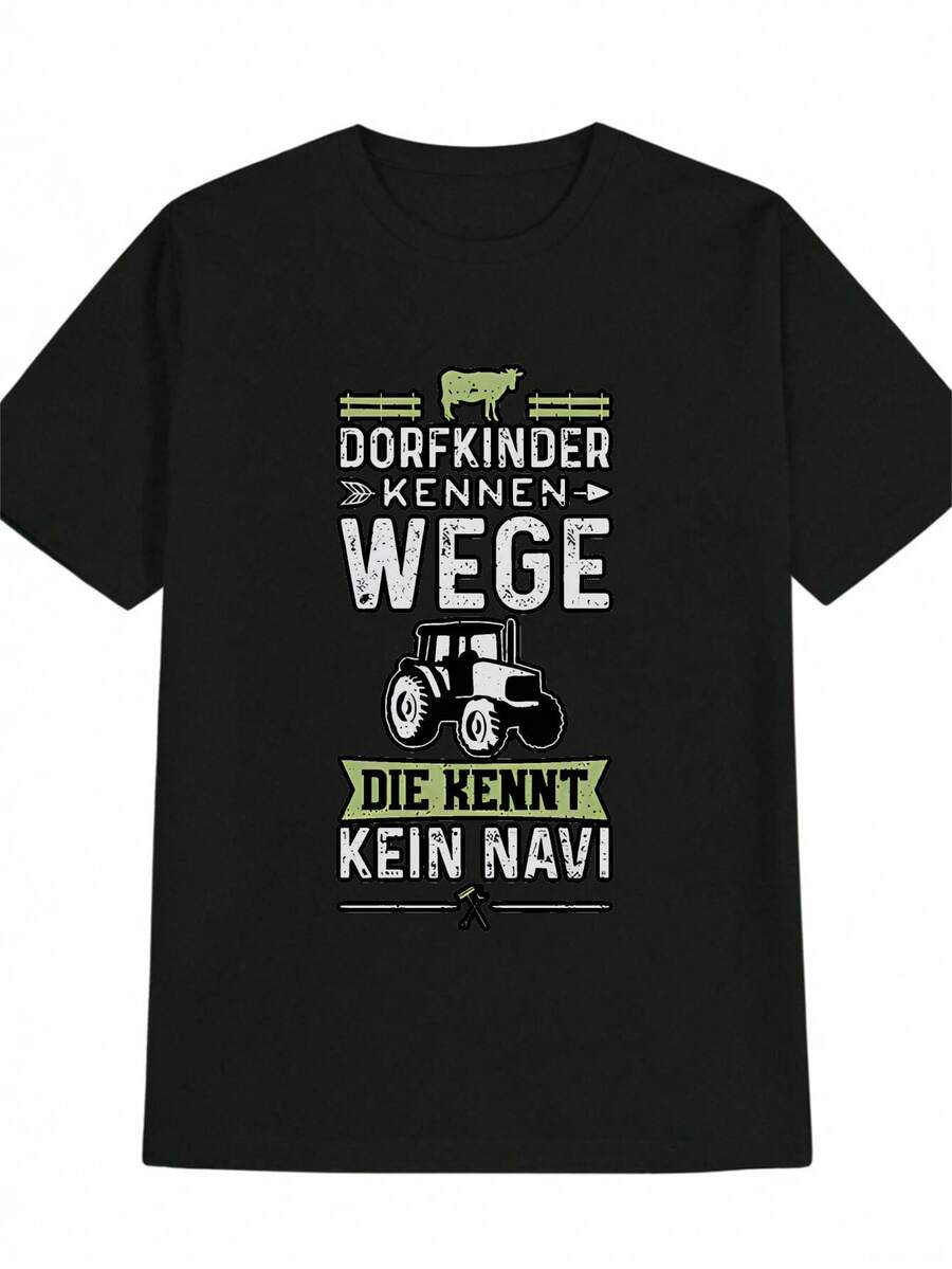 Camiseta de Hombre con Estampado de Tractor Alemán y Valla para Vacas - Diseño Dorfinder Wende, Ligera, de Corte Holgado, Camisa Casual con Texto en Alemán, Ropa con Temática Agrícola para Eventos al Aire Libre, Agrícolas y Regalos - Negro - Ver 1