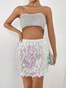 Minifalda ajustada con lentejuelas para ropa de fiesta de vacaciones - Blanco 2 - Ver 4