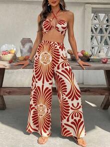 Conjunto de 2 piezas para mujer con top corto de cuello halter estampado tejido y pantalones de pierna ancha de cintura alta - Marrón - Ver 6