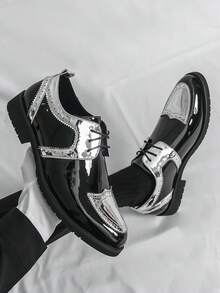 Men's Formal Shoes, Color Block Lace-Up Leather Shoes, British Style Patent Leather Patchwork, Non-Slip Thick Sole, Suitable For Saturday Banquet, Wedding, Groom Wedding Ceremony - Multicolor - View 2