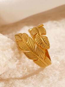 1 pieza Anillo abierto minimalista personalizado chapado en oro de 18K de acero inoxidable con pluma, adecuado para uso diario y fiestas de mujeres - Dorado - Ver 4