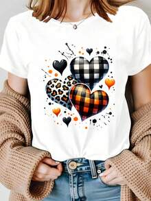 PremiumCamiseta blanca casual, diseñada con una linda cuadrícula en forma de corazón y estampado de leopardo.Nueva llegada - Blanco - Ver 6