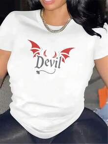 PremiumCamiseta de manga corta con estampado de diablo rojo |   Duradero y cómodo, adecuado para uso casual, en restaurantes o en casa, ideal para actividades diarias y ocasiones especiales, elegante y ligero, cuello redondo, tela de elasticidad media, encantador.Nueva llegada - Blanco - Ver 1