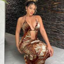 Sexy Watercolor Floral Print Dress With Backless Cutout Detail, Suitable For Dates, Gatherings, Birthday Parties, Holidays, Beach Vacations, Spring/Summer,Summer Dresses For Women - Marrón - Ver 1