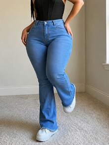 High-Waisted Flare Jeans, High-Stretch Light Blue Denim Pants, Slim Fit Flared Hem Distressed Design, Casual Trousers Suitable For Curvy Figures - Blue - View 4