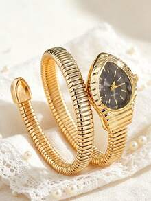 1pc Women's Minimalist Fashion Luxury Snake-Shaped Quartz Watch, Water Drop Oval Dial, Snake Bracelet Watch, Stainless Steel Elastic Band, Pointer Wristwatch, Fashion Snake Design Dress Watch, Suitable For Daily, Party And Evening Wear, Office Matching, Eid Gift, Birthday Gift - Black - View 2